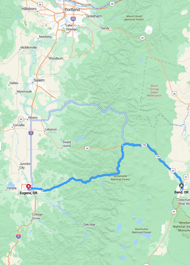 driving from Bend, Oregon to EugeneOregon - map and route