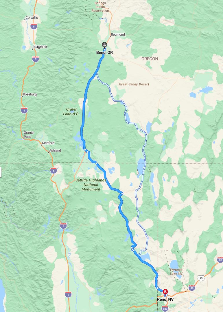 driving from Bend, Oregon to RenoNevada - map and route