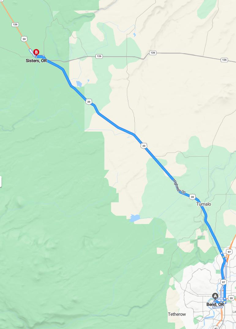 driving from Bend, Oregon to SistersOregon - map and route