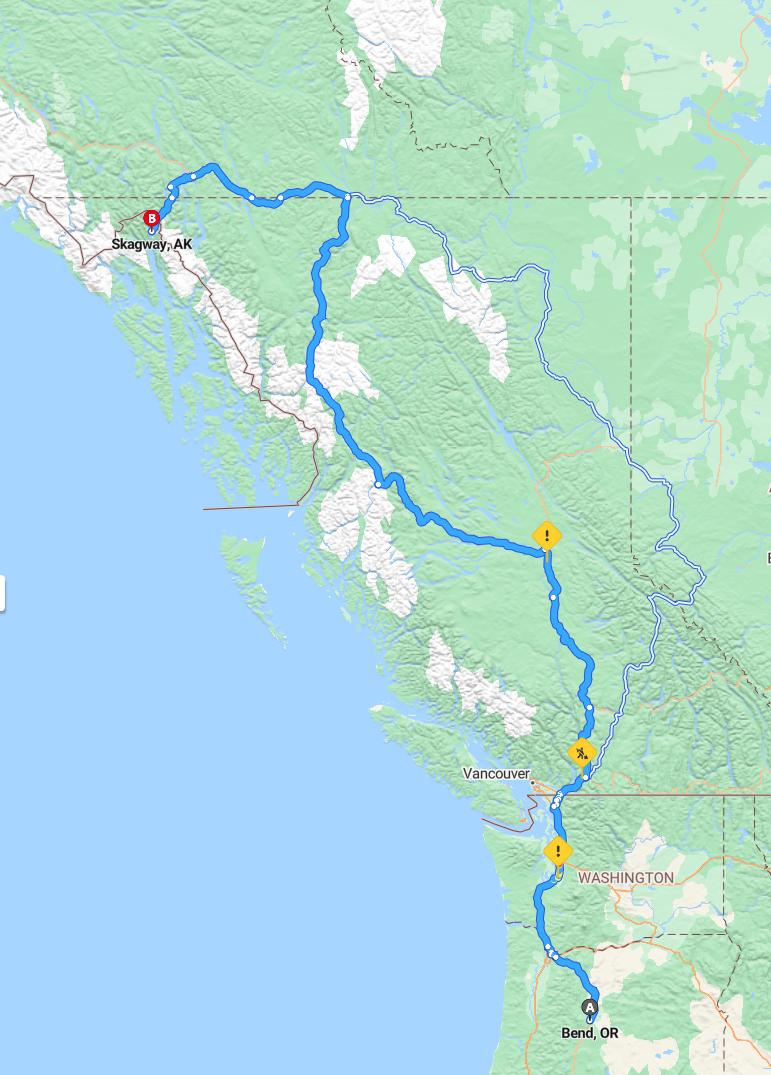 driving from Bend, Oregon to SkagwayAlaska - map and route