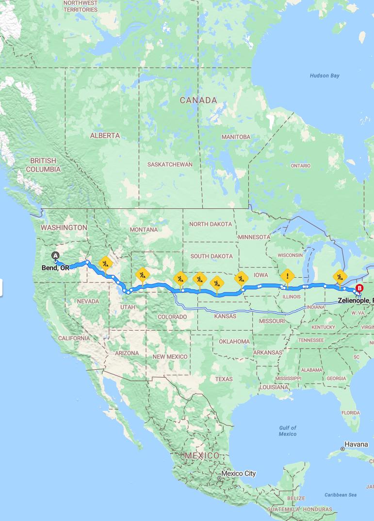 driving from Bend, Oregon to ZelienoplePennsylvania - map and route