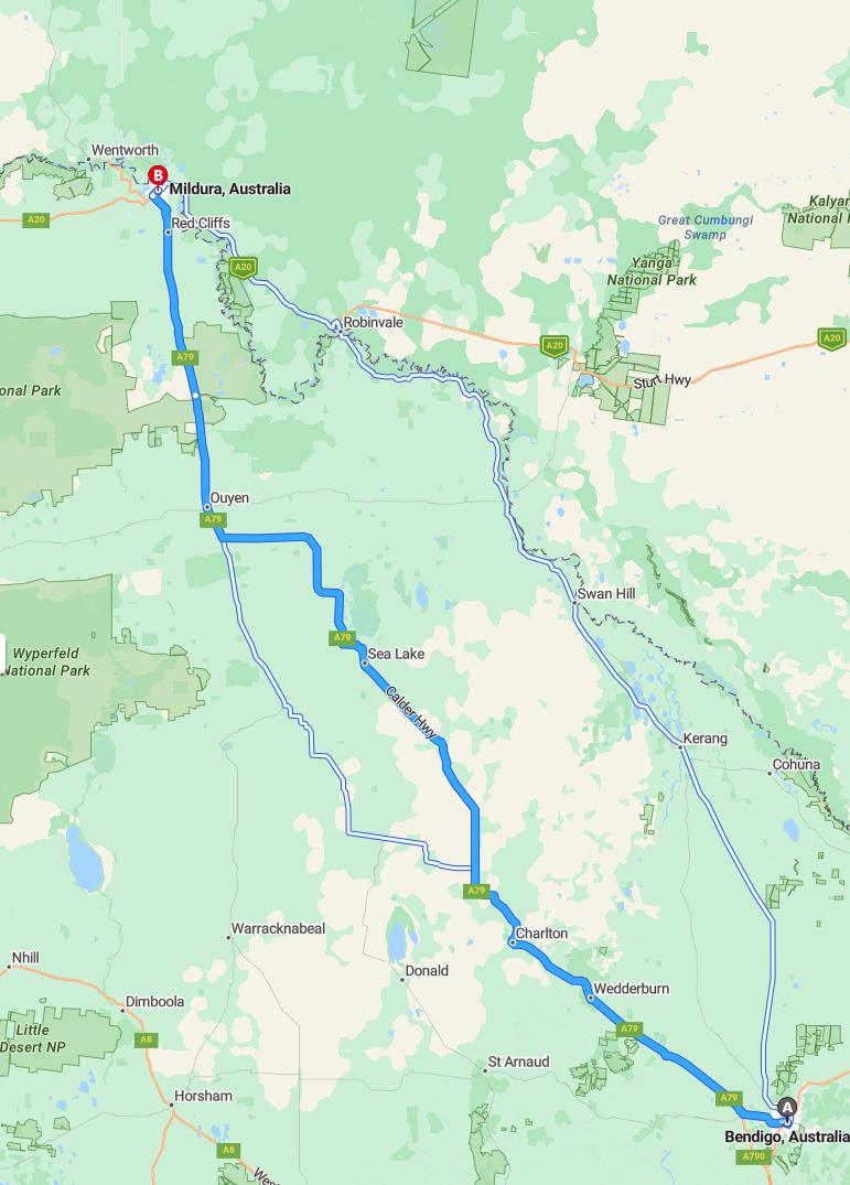 driving from Bendigo, Victoria to MilduraVictoria - map and route