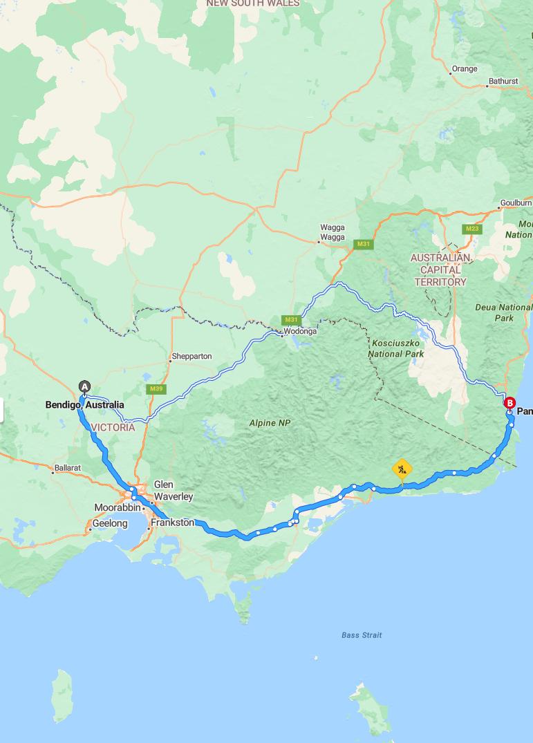 driving from Bendigo, Victoria to PambulaNew South Wales - map and route