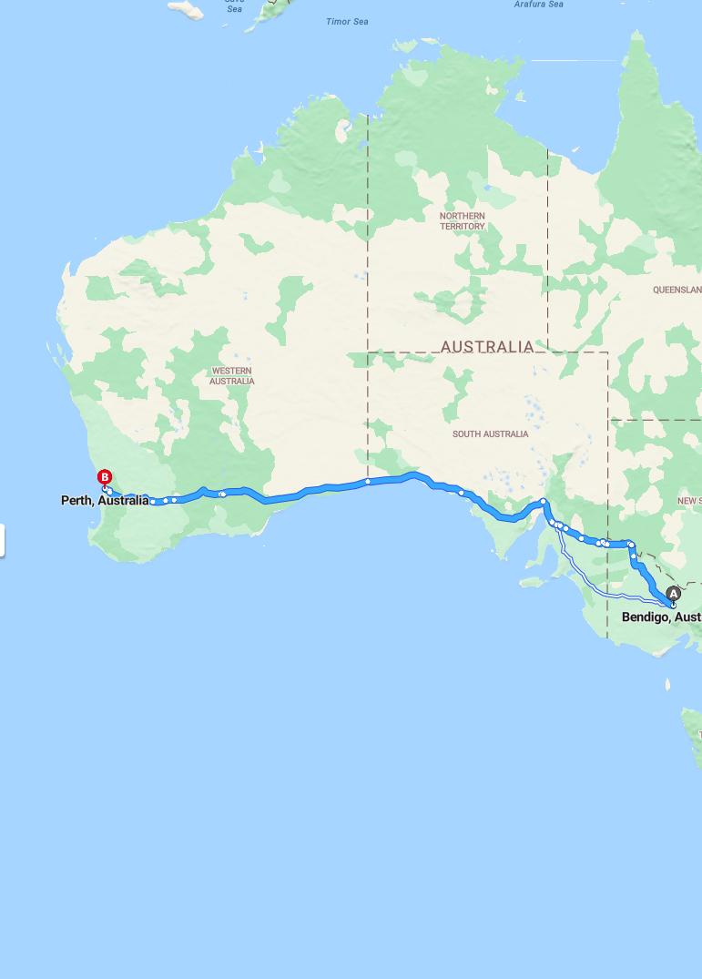 driving from Bendigo, Victoria to PerthWestern Australia - map and route