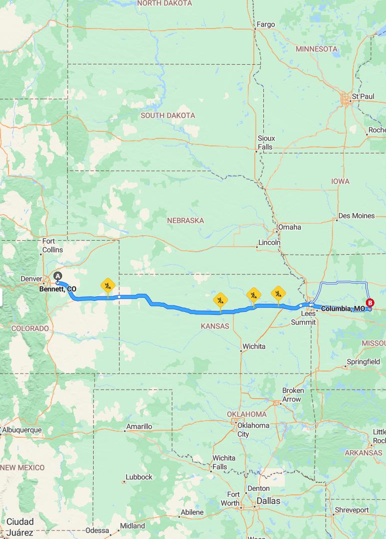 driving from Bennett, Colorado to ColumbiaMissouri - map and route