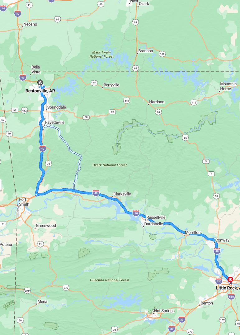 driving from Bentonville, Arkansas to Little RockArkansas - map and route