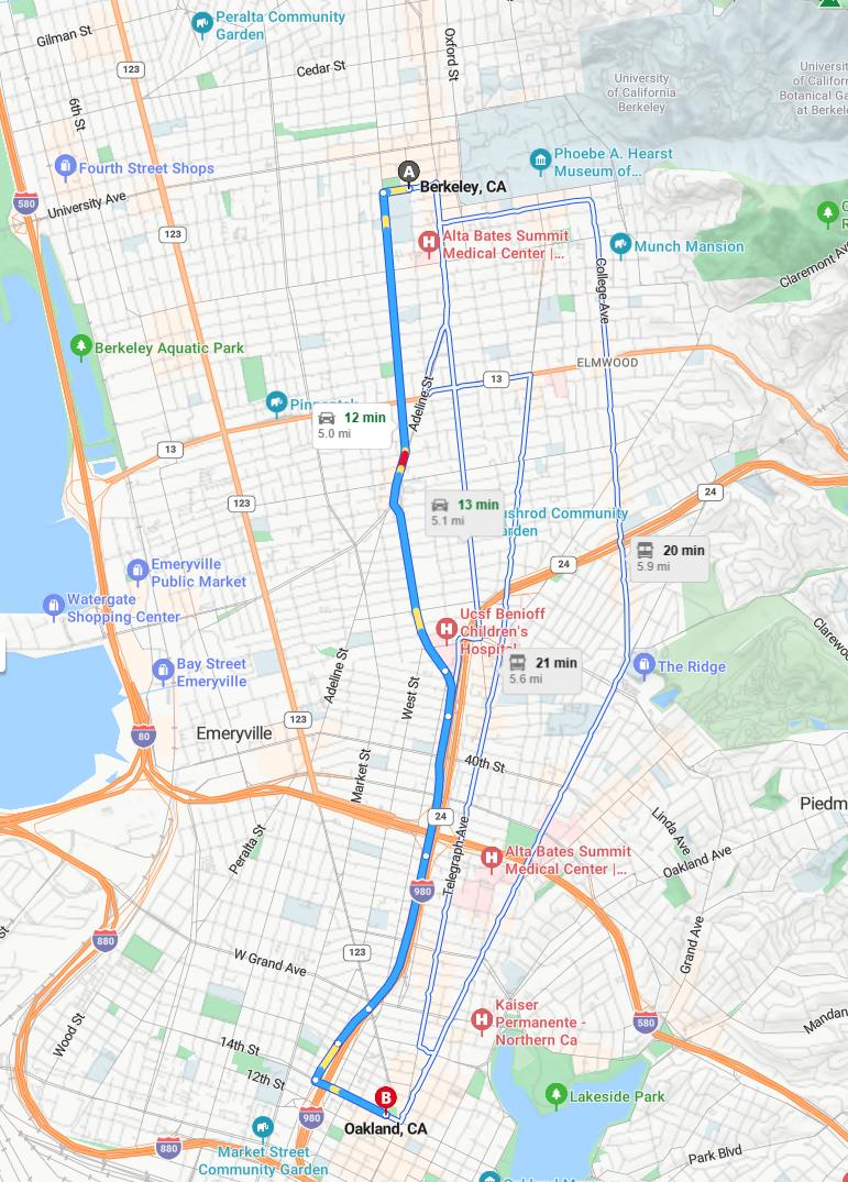 driving from Berkeley, California to OaklandCalifornia - map and route