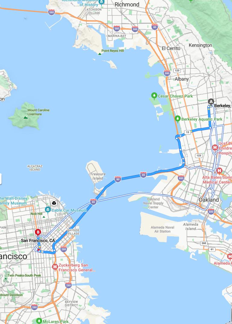 driving from Berkeley, California to San FranciscoCalifornia - map and route