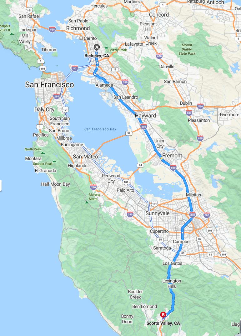 driving from Berkeley, California to Scotts ValleyCalifornia - map and route