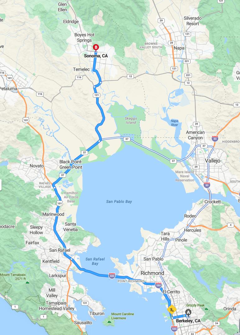 driving from Berkeley, California to SonomaCalifornia - map and route