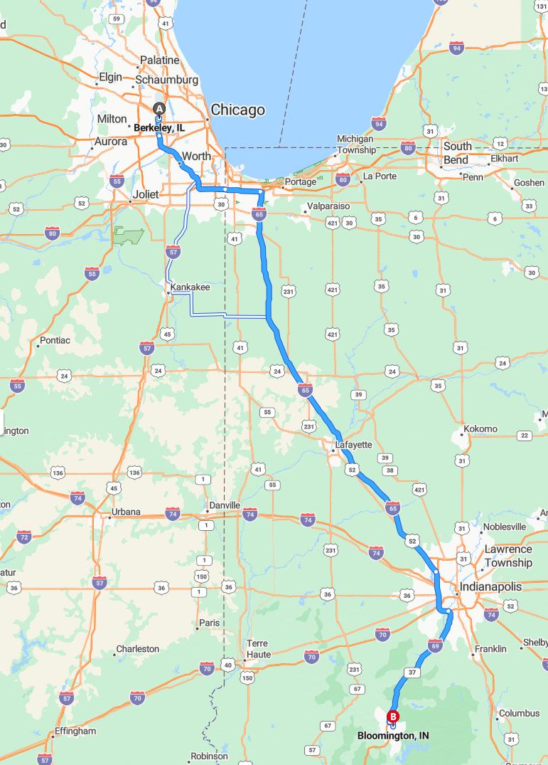 driving from Berkeley, Illinois to BloomingtonIndiana - map and route