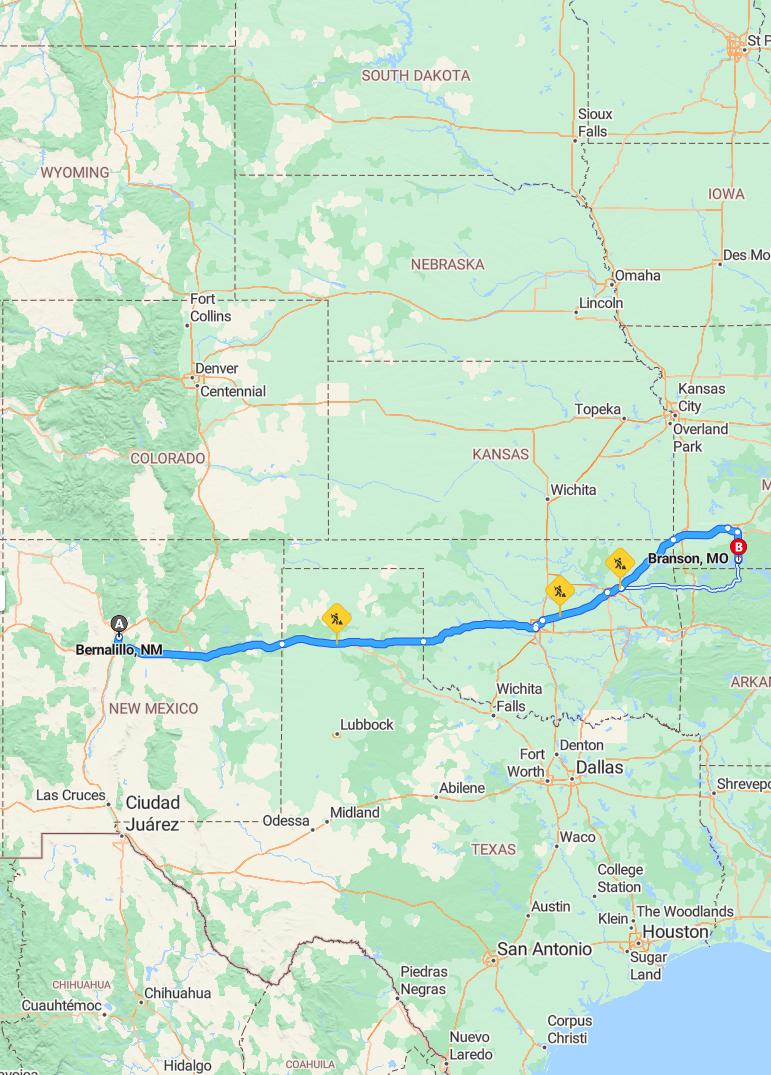 driving from Bernalillo, New Mexico to BronsonMissouri - map and route