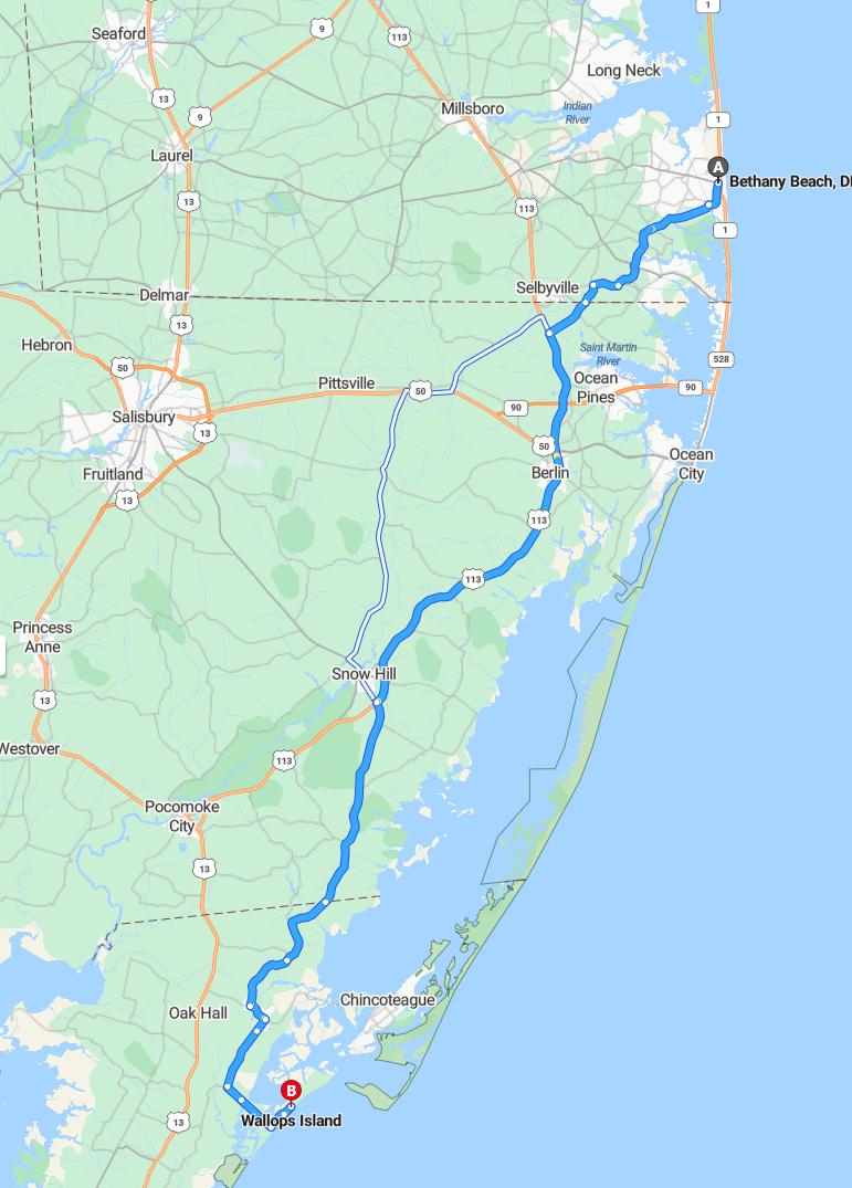 driving from Bethany Beach, Delaware to Wallops IslandVirginia - map and route