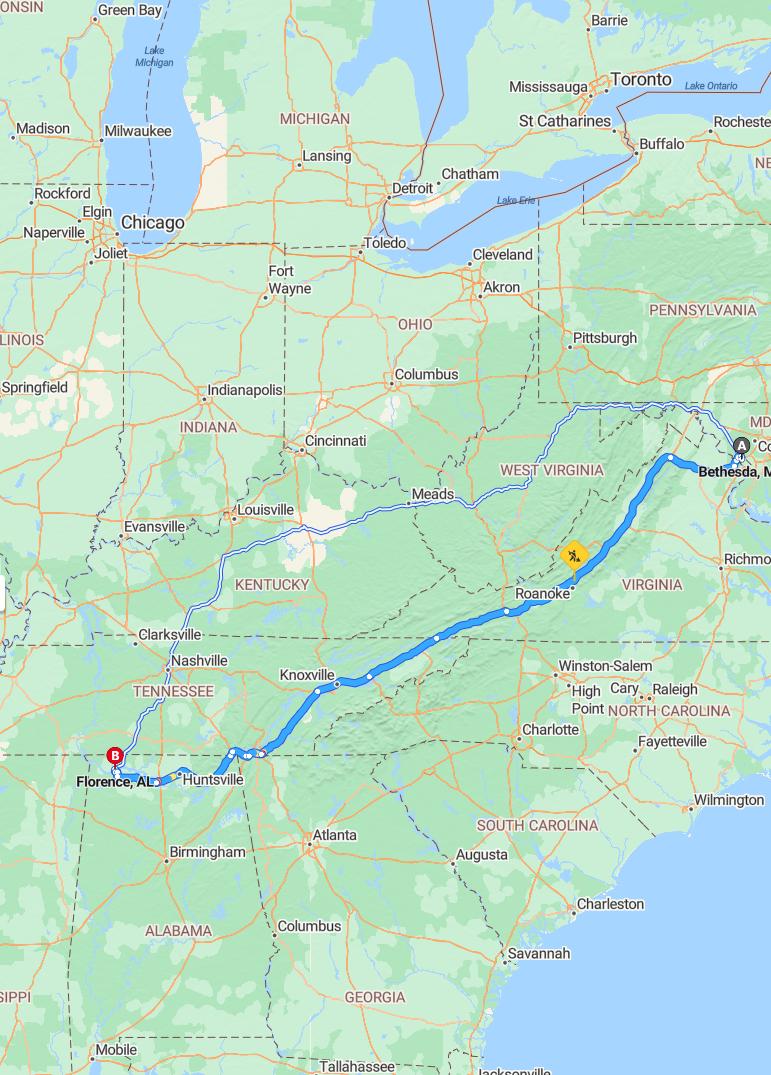 driving from Bethesda, Maryland to FlorenceAlabama - map and route