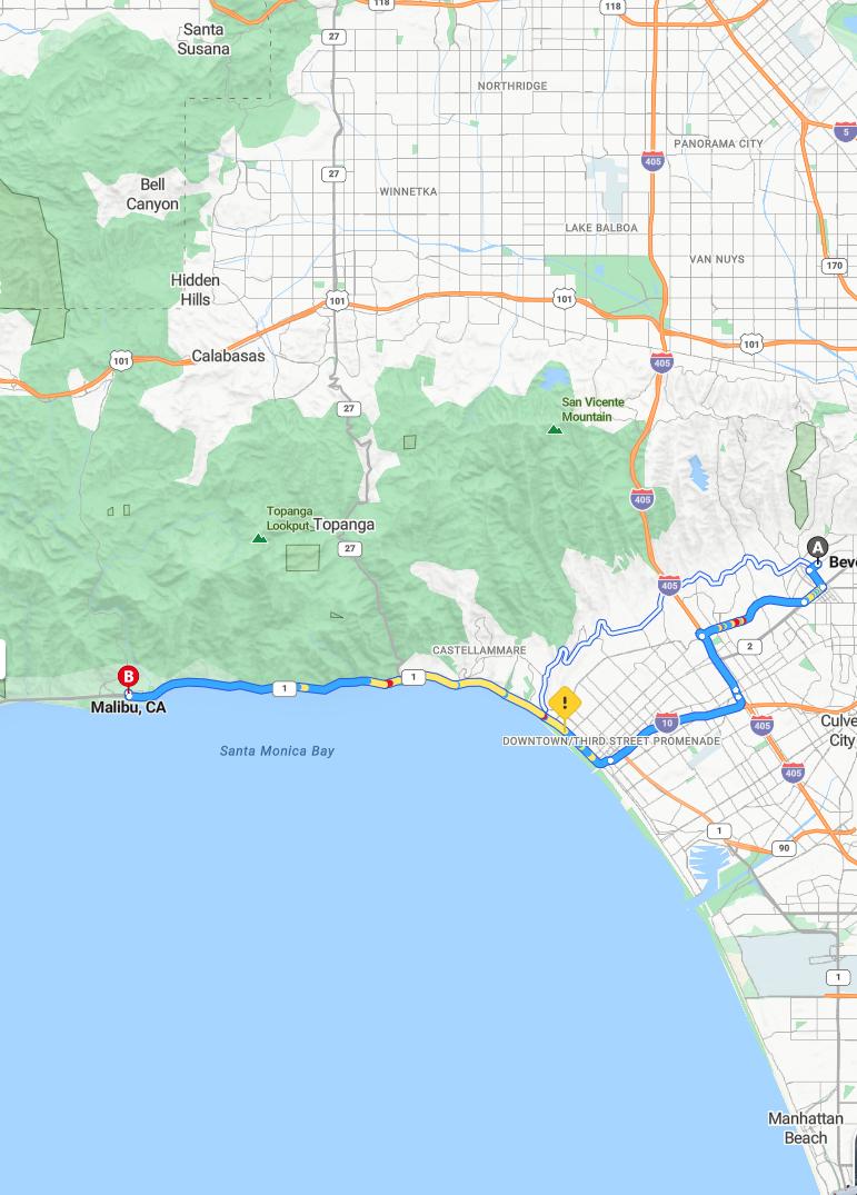 driving from Beverly Hills, California to MalibuCalifornia - map and route