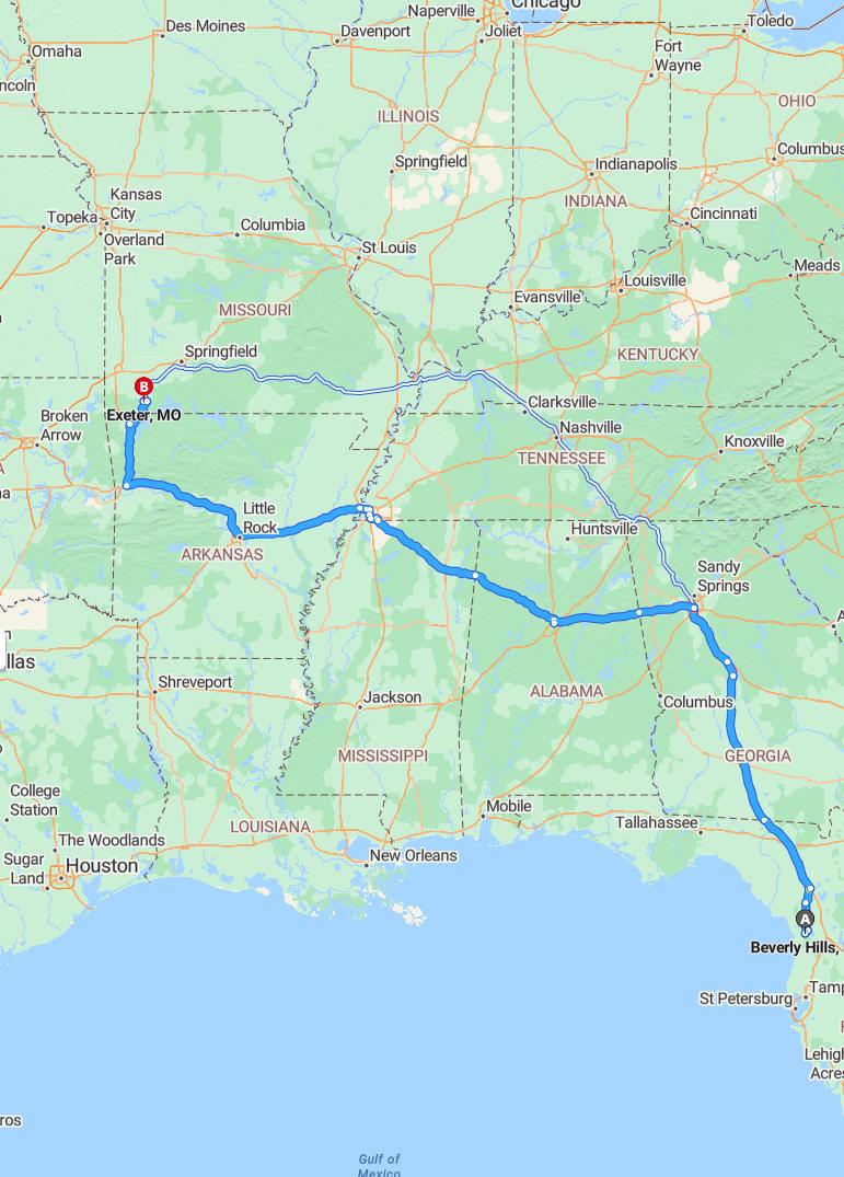 driving from Beverly Hills, Florida to ExterMissouri - map and route