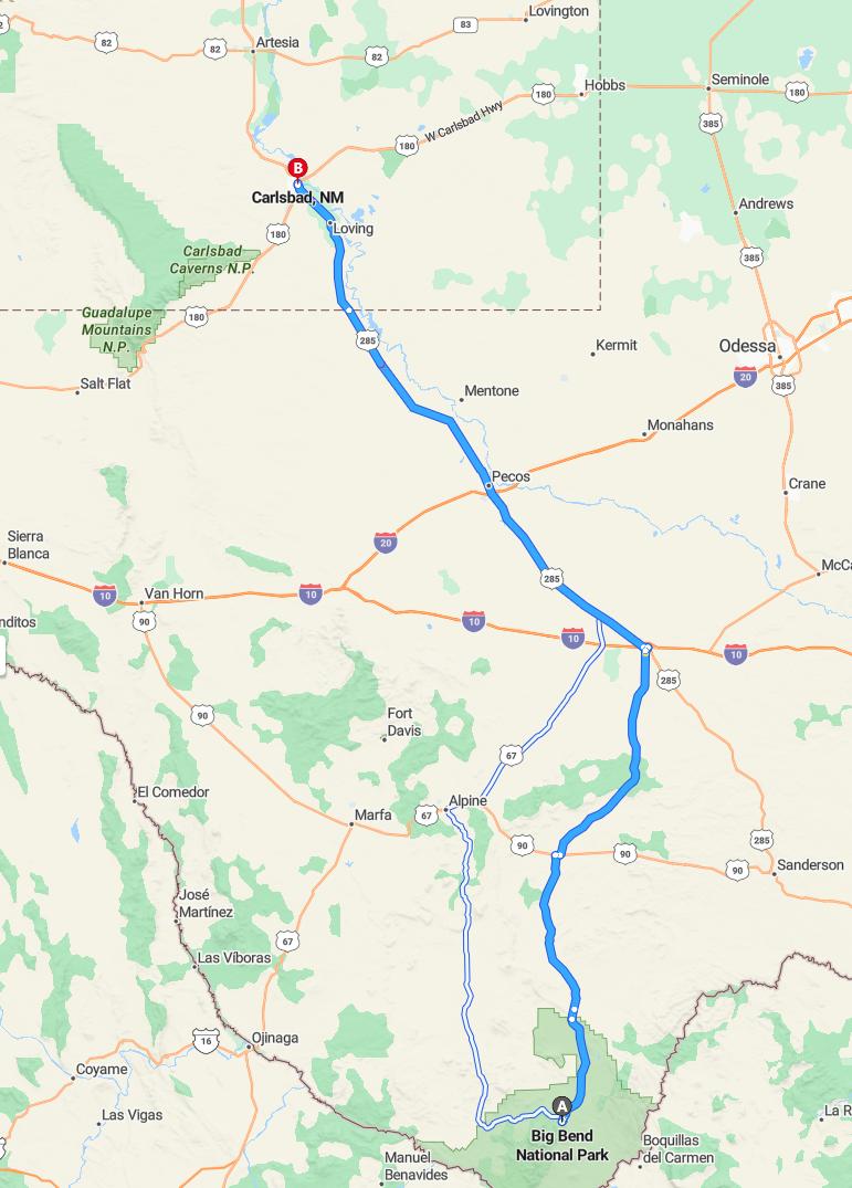 driving from Big Bend, Texas to CarlsbadNew Mexico - map and route