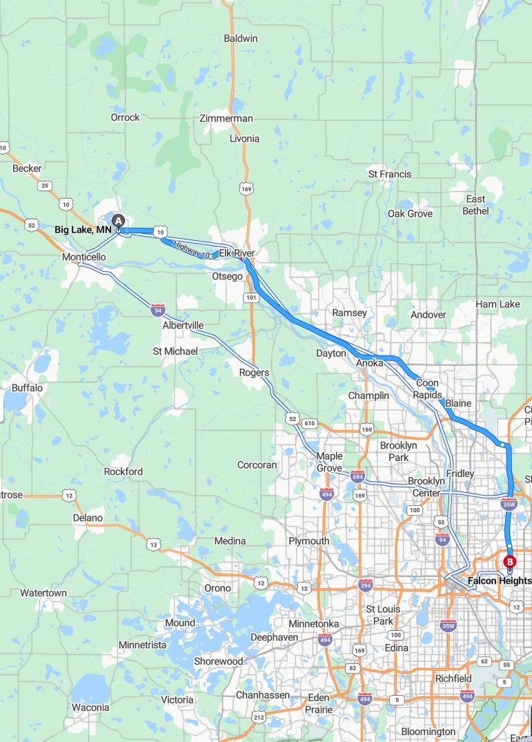 driving from Big Lake, Minnesota to Falcon HeightsMinnesota - map and route