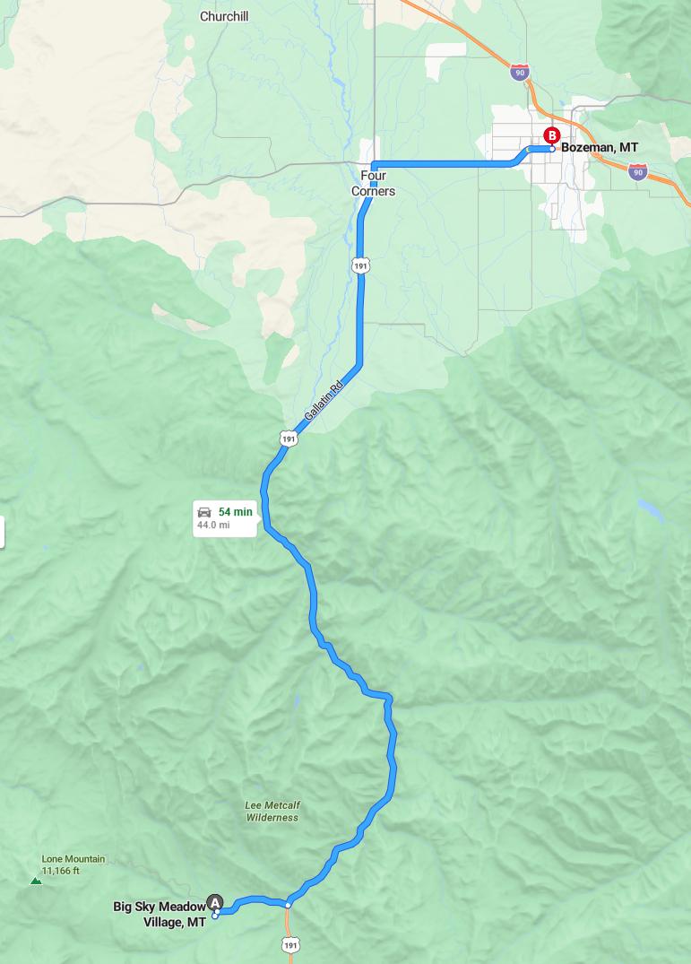 driving from Big Sky, Montana to BozemanMontana - map and route