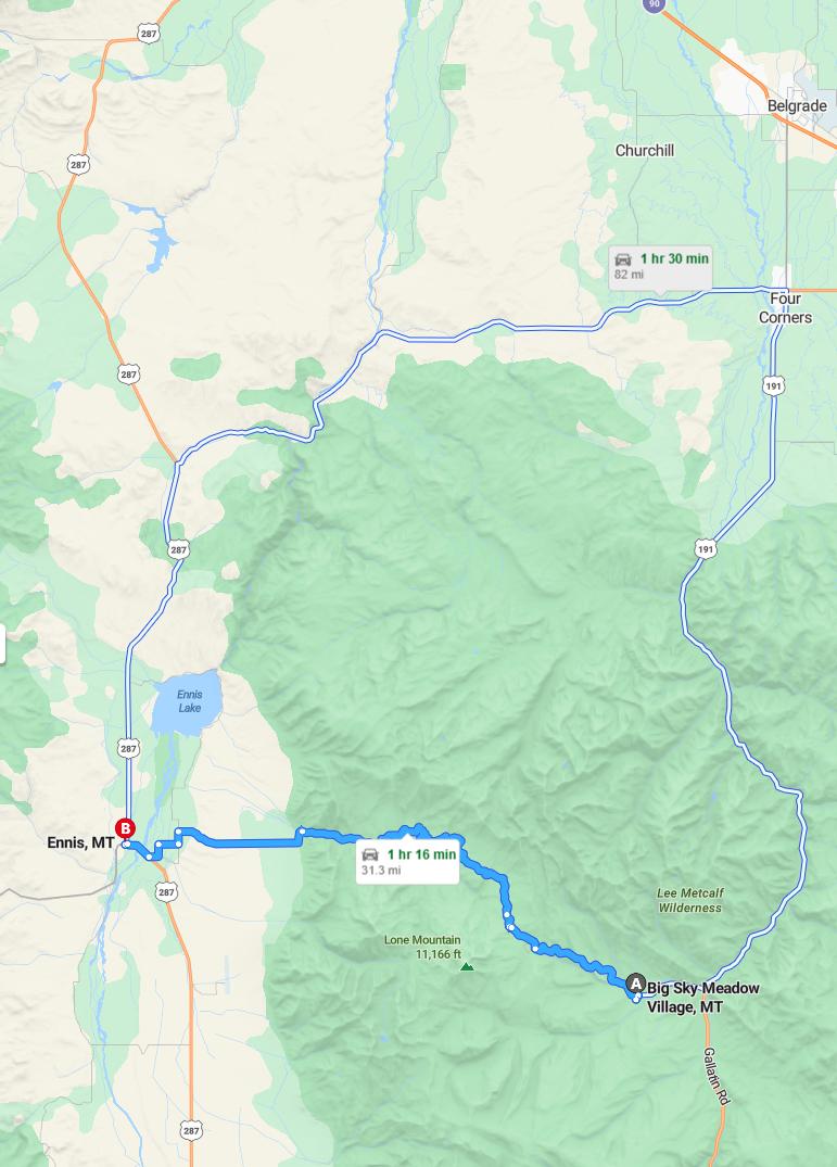 driving from Big Sky, Montana to EnnisMontana - map and route