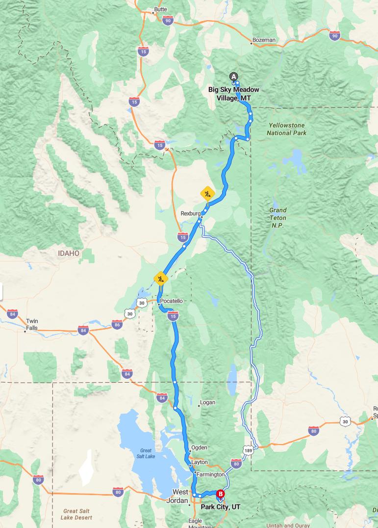 driving from Big Sky, Montana to Park CityUtah - map and route