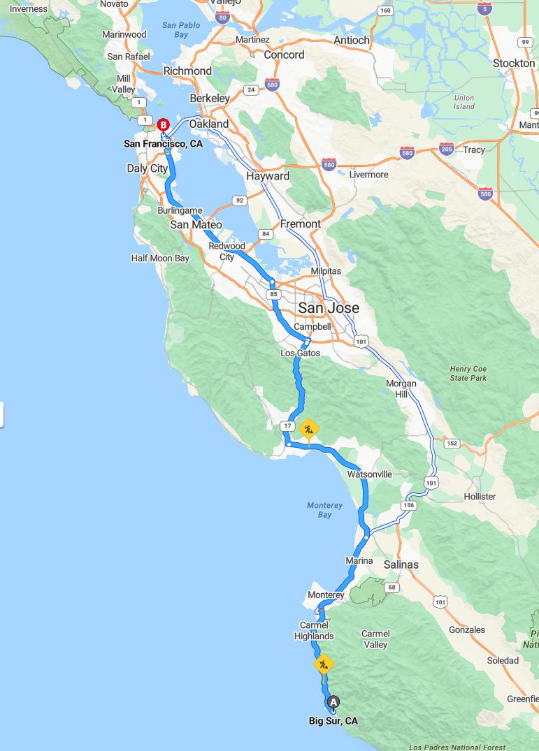 driving from Big Sur, California to San FranciscoCalifornia - map and route