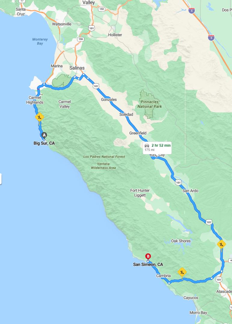 driving from Big Sur, California to San SimeonCalifornia - map and route