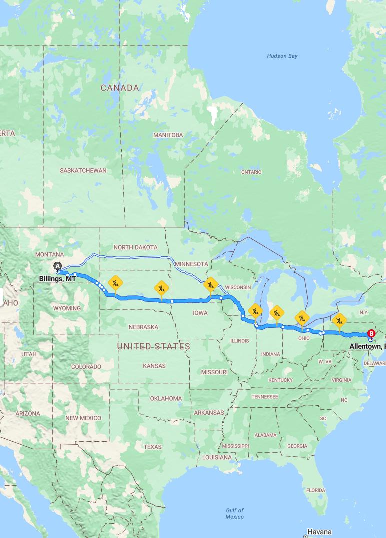 driving from Billings, Montana to AllentownPennsylvania - map and route