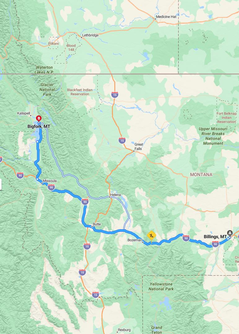 driving from Billings, Montana to BigforkMontana - map and route