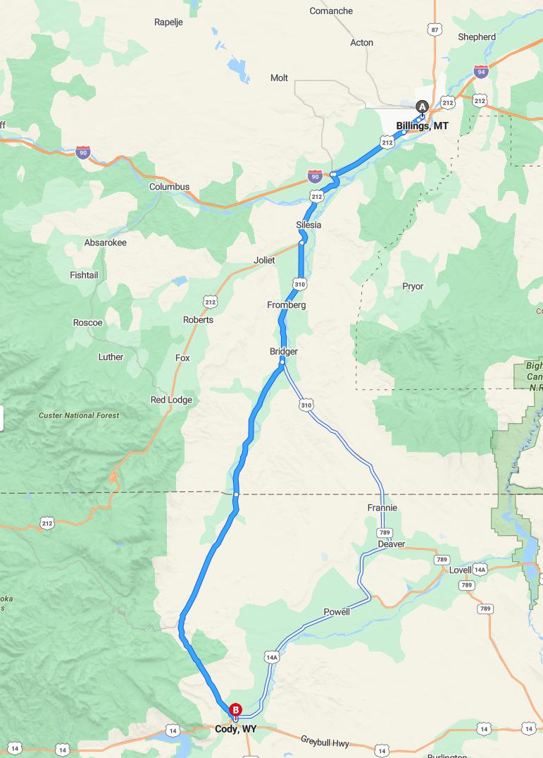 driving from Billings, Montana to CodyWyoming - map and route