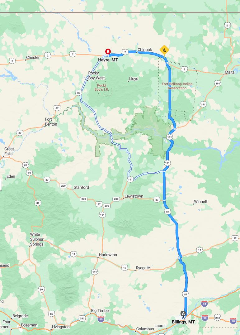 driving from Billings, Montana to HavreMontana - map and route