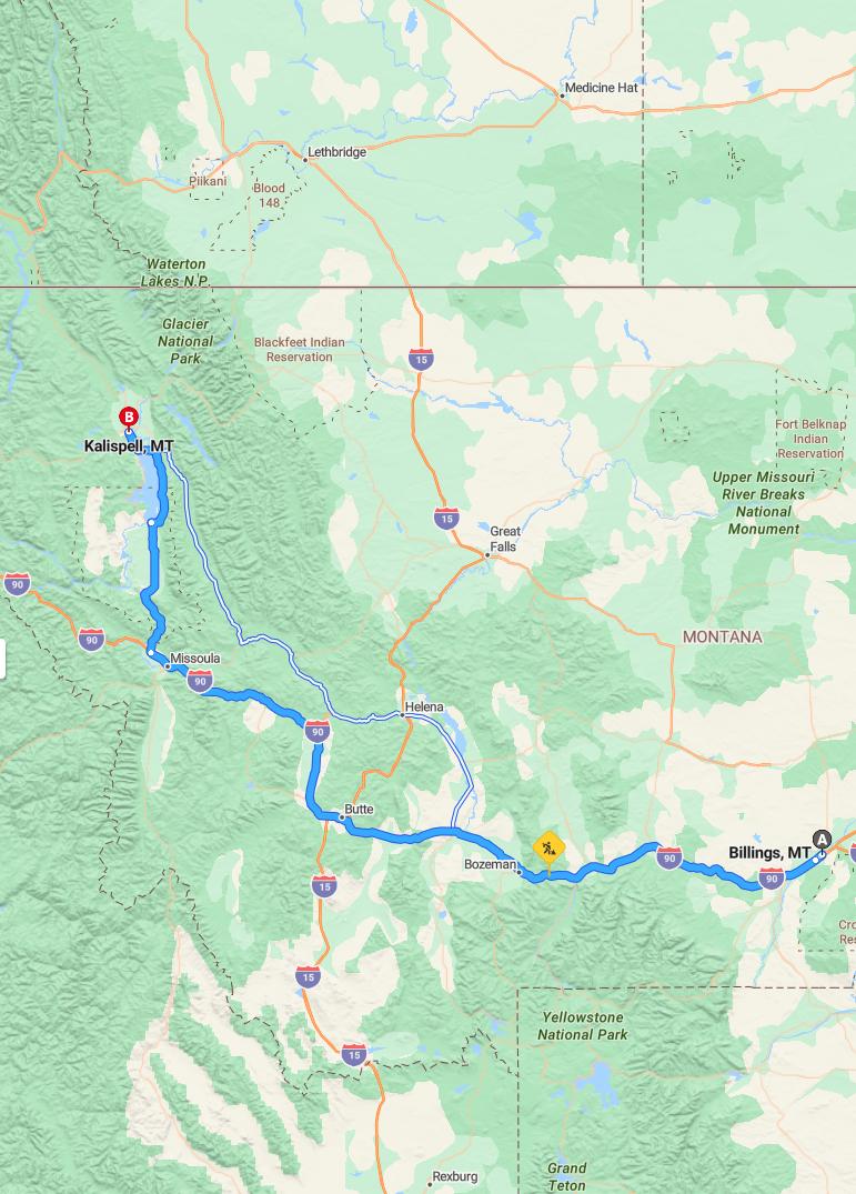 driving from Billings, Montana to KalispellMontana - map and route