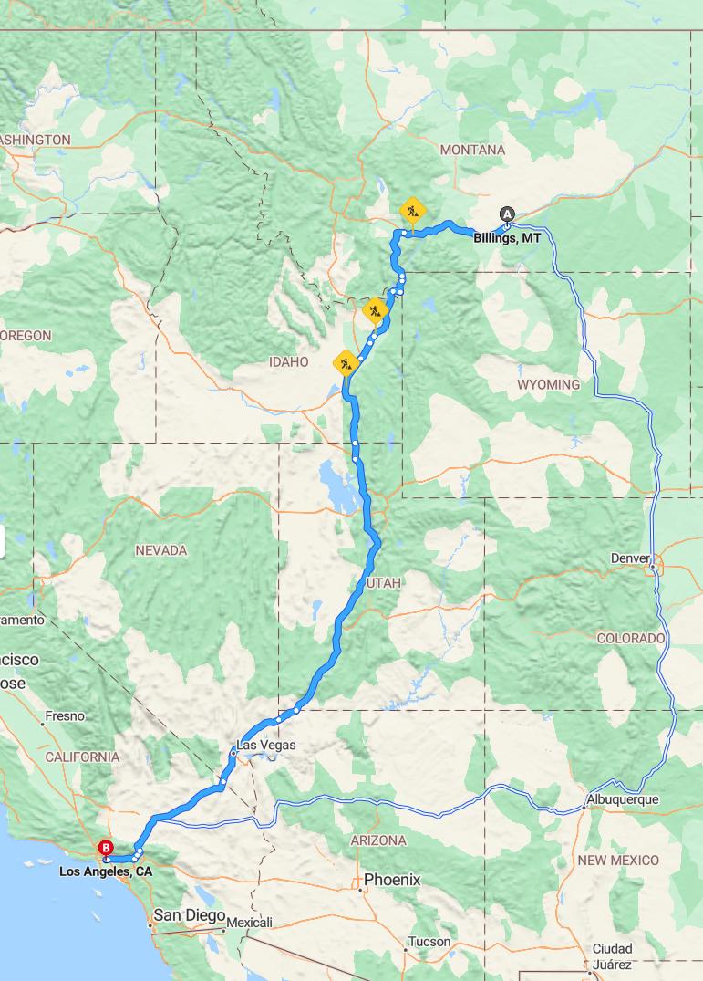 driving from Billings, Montana to Los AngelesCalifornia - map and route