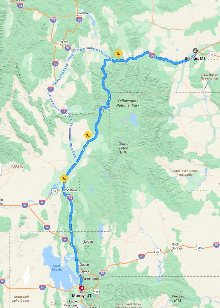 driving from Billings, Montana to MurrayUtah - map and route
