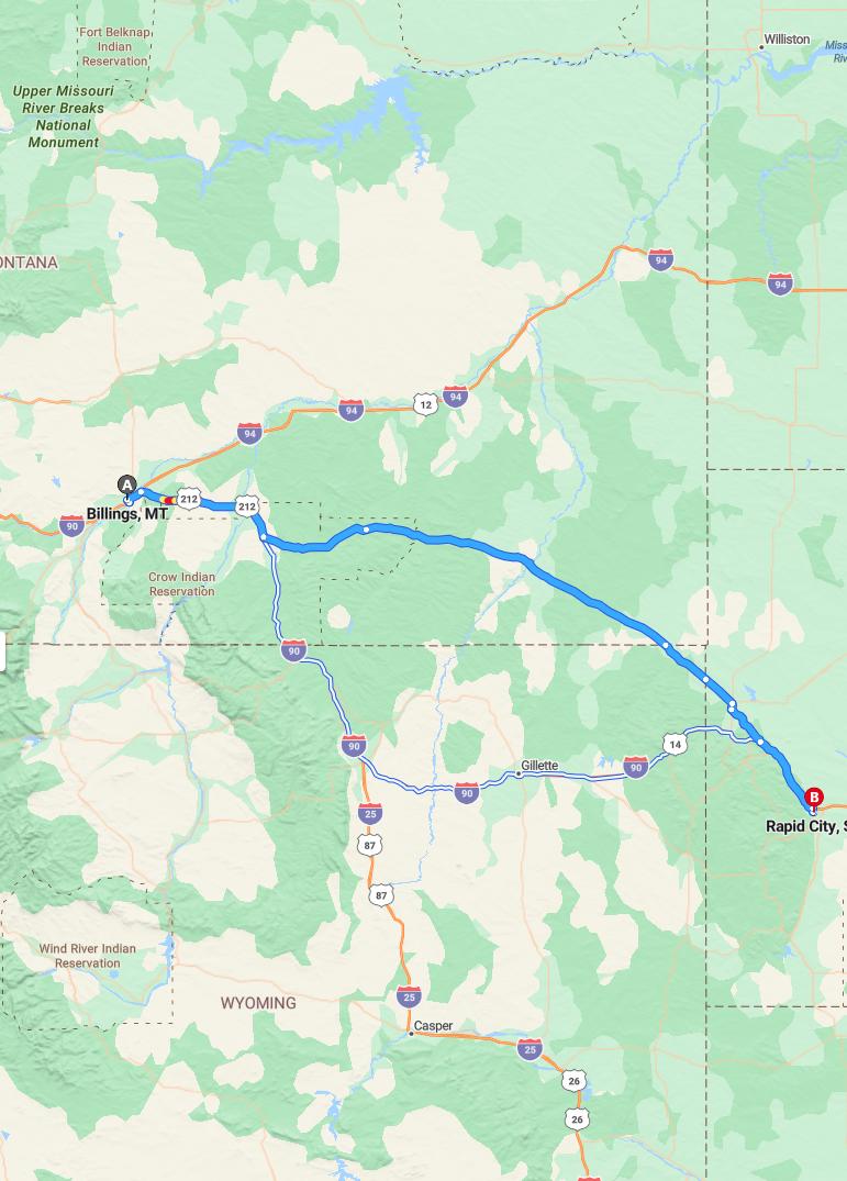 driving from Billings, Montana to Rapid CitySouth Dakota - map and route