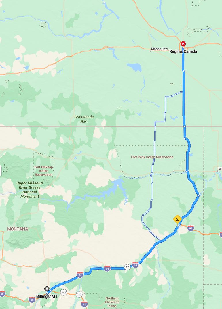 driving from Billings, Montana to ReginaSaskatchewan - map and route