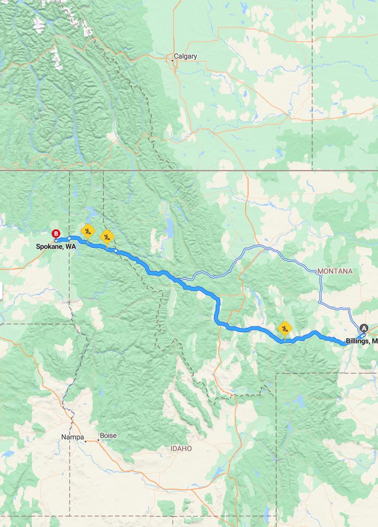 driving from Billings, Montana to SpokaneWashington - map and route