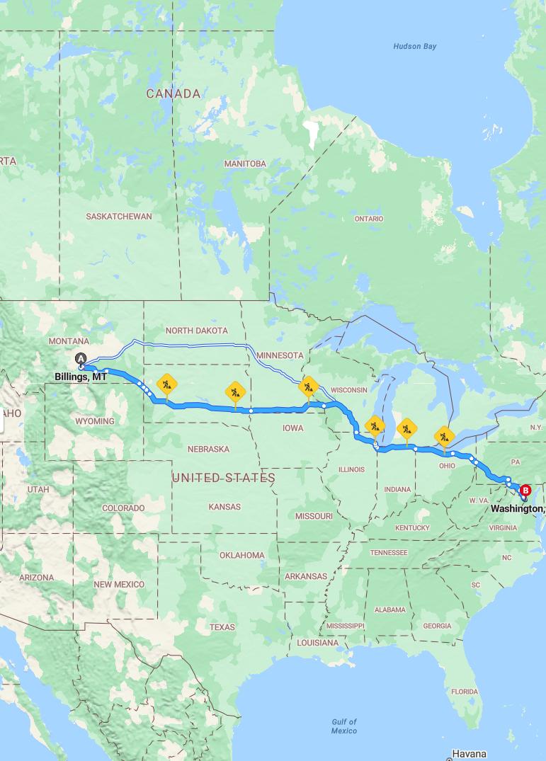 driving from Billings, Montana to WashingtonDistrict of Columbia - map and route