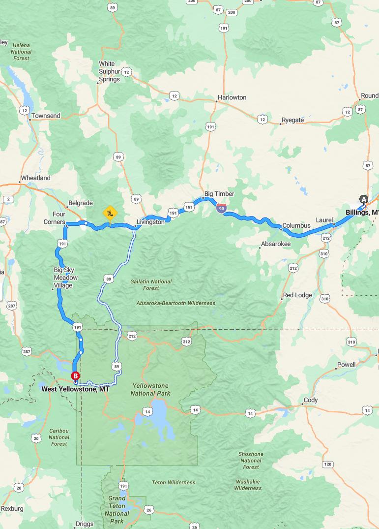 driving from Billings, Montana to West YellowstoneMontana - map and route