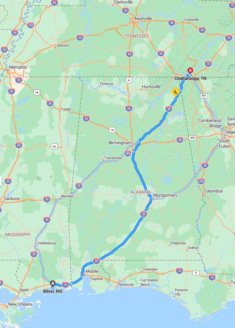 driving from Biloxi, Mississippi to ChattanoogaTennessee - map and route