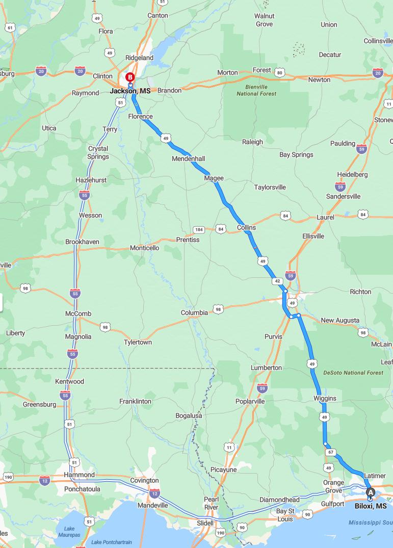driving from Biloxi, Mississippi to JacksonMississippi - map and route