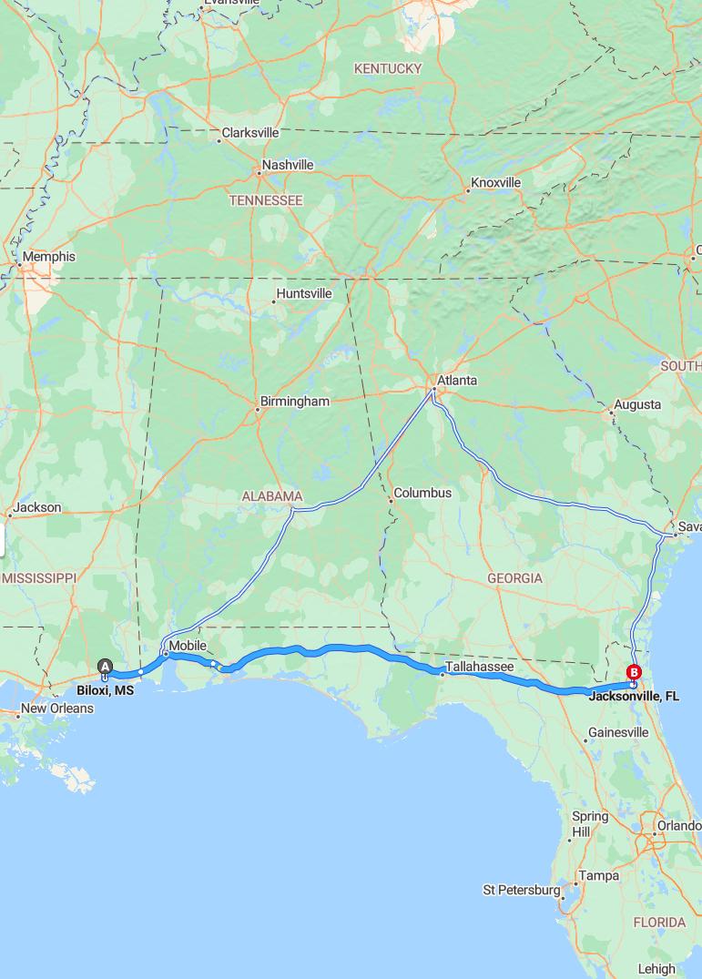 driving from Biloxi, Mississippi to JacksonvilleFlorida - map and route