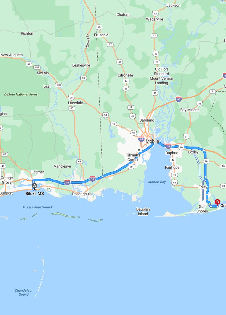 driving from Biloxi, Mississippi to Orange BeachAlabama - map and route