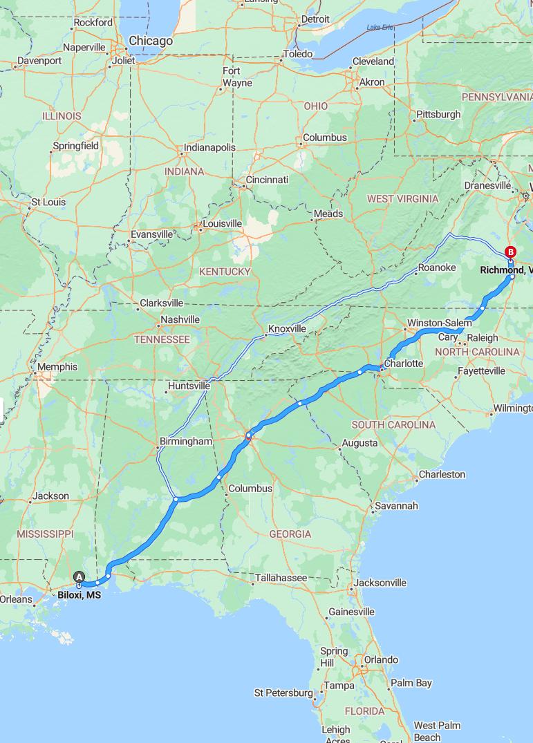 driving from Biloxi, Mississippi to RichmondVirginia - map and route