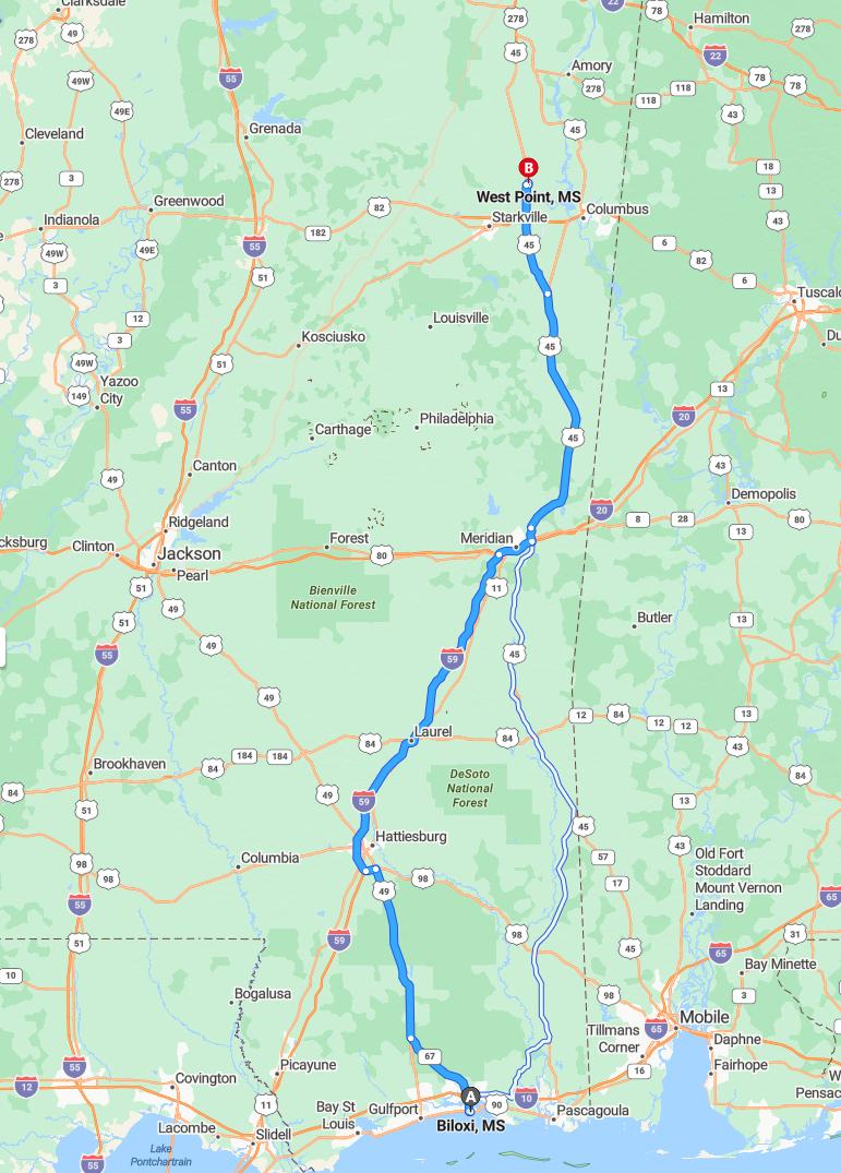 driving from Biloxi, Mississippi to West PointMississippi - map and route