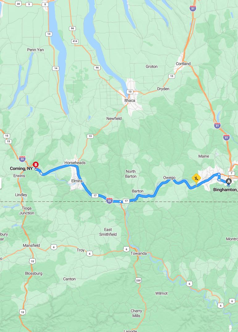 driving from Binghamton, New York to CorningNew York - map and route