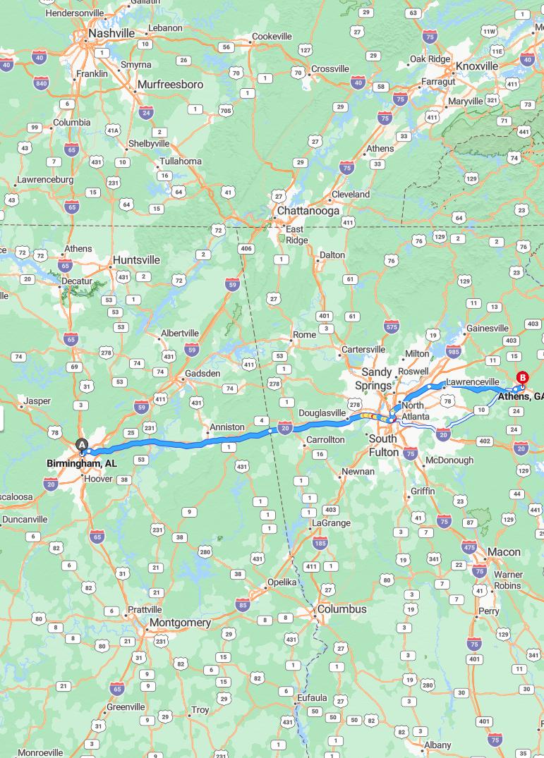 driving from Birmingham, Alabama to AthensGeorgia - map and route