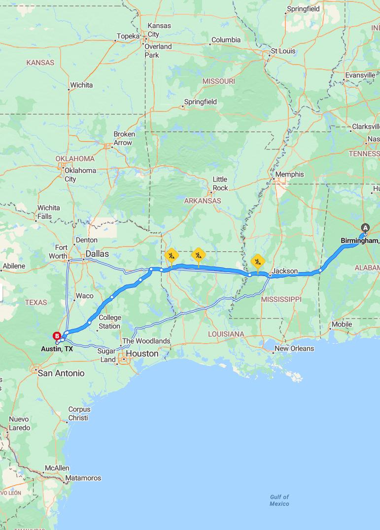 driving from Birmingham, Alabama to AustinTexas - map and route