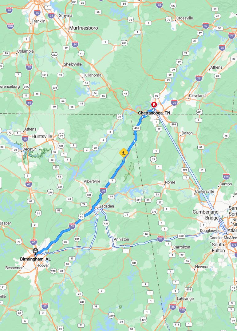 driving from Birmingham, Alabama to ChattanoogaTennessee - map and route