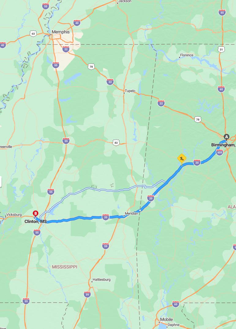 driving from Birmingham, Alabama to ClintonMississippi - map and route
